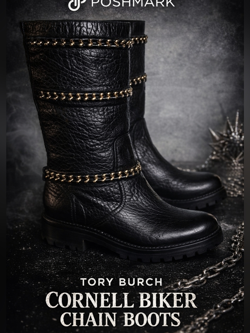 Tory Burch Cornell Biker Black Leather Chain Boorts 10